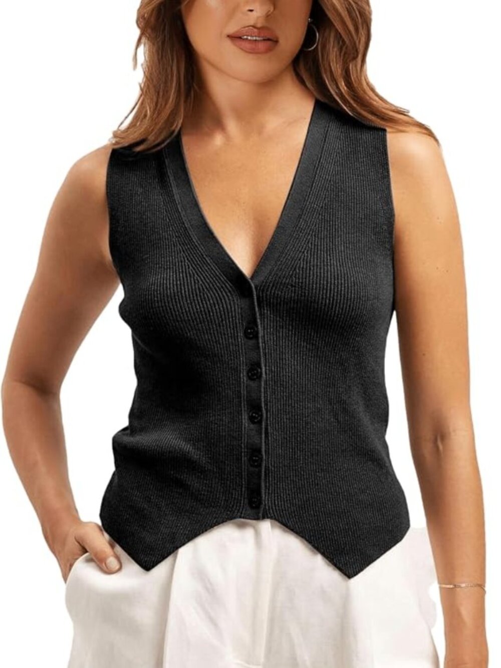 Women’s V Neck Sweater Vest Button Down Knit Casual Top, BLACK